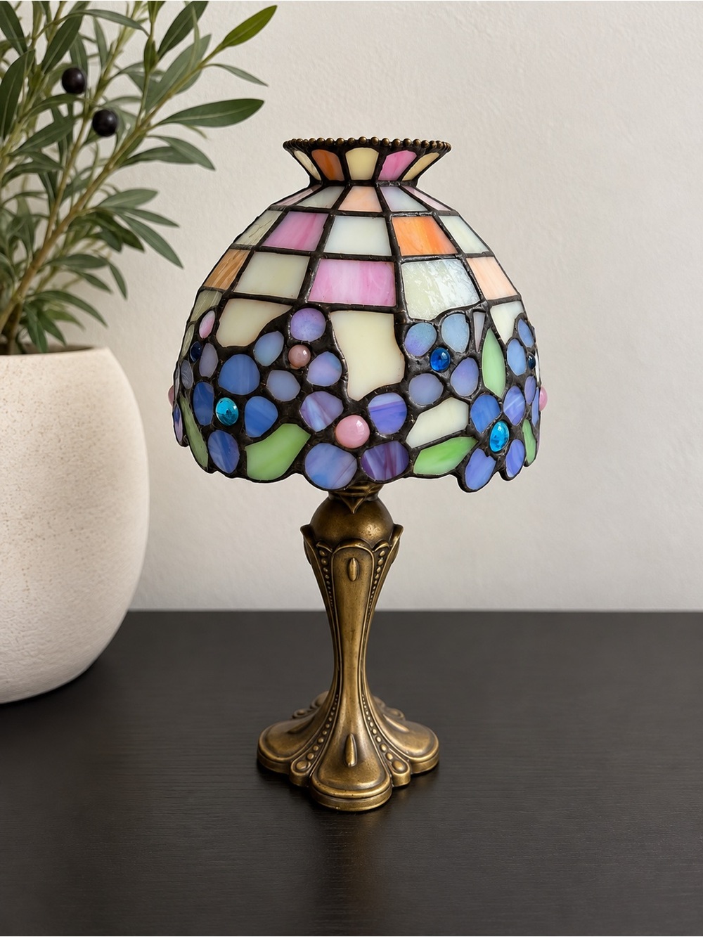 Vintage PartyLite Hydrangea Tiffany Stained Glass Tealight Lamp Retired Floral